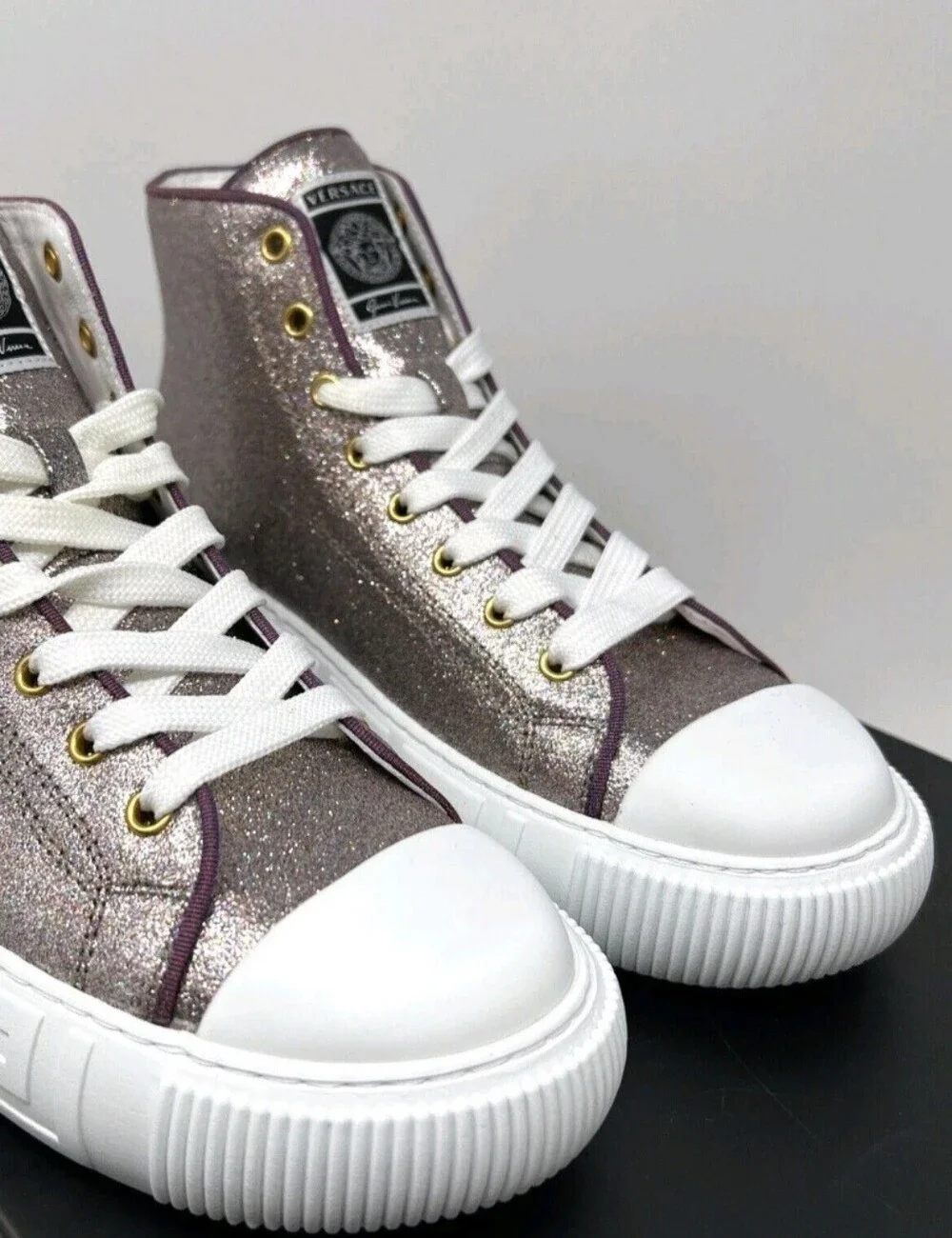 Versace Greca HighTop Plum Gold Glitter Sneakers Women's EU 39 / US Size 8.5 - Picture 7 of 10